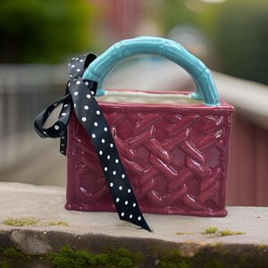 Vintage Baum Ceramic Planter Purse Pink Turq. Bamboo Style Handles Basketweave